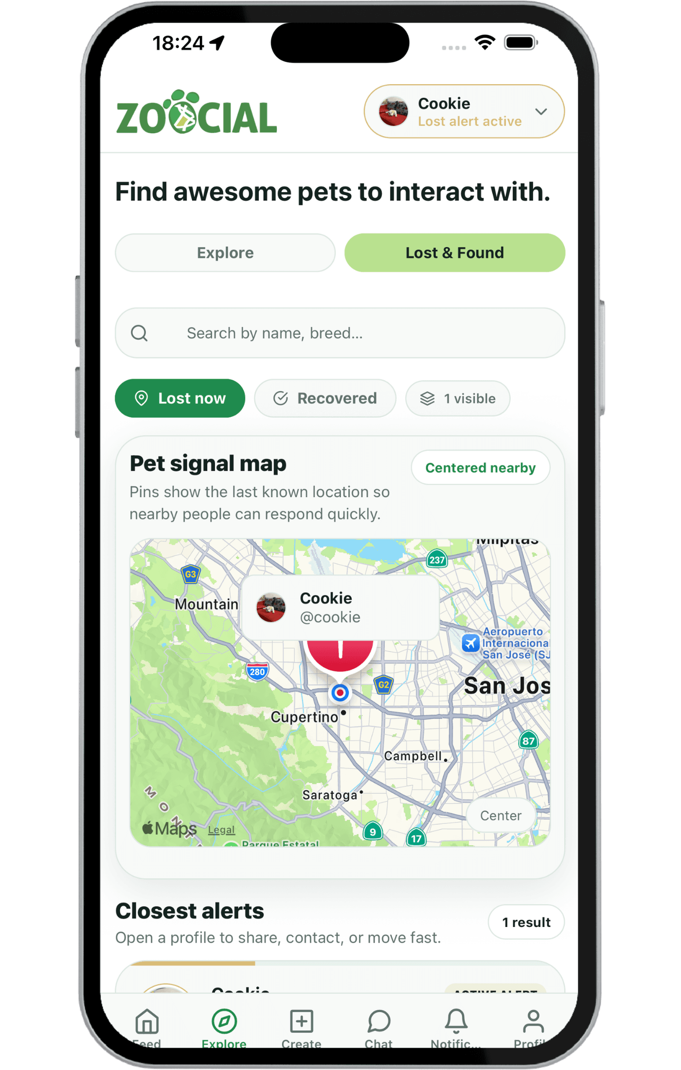 Zoocial lost pet map panel mockup